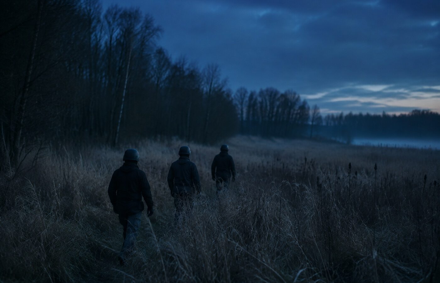 Small unit moving in file along a treeline at dusk