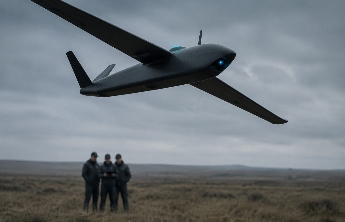 Fixed-wing reconnaissance drone banking over a training field