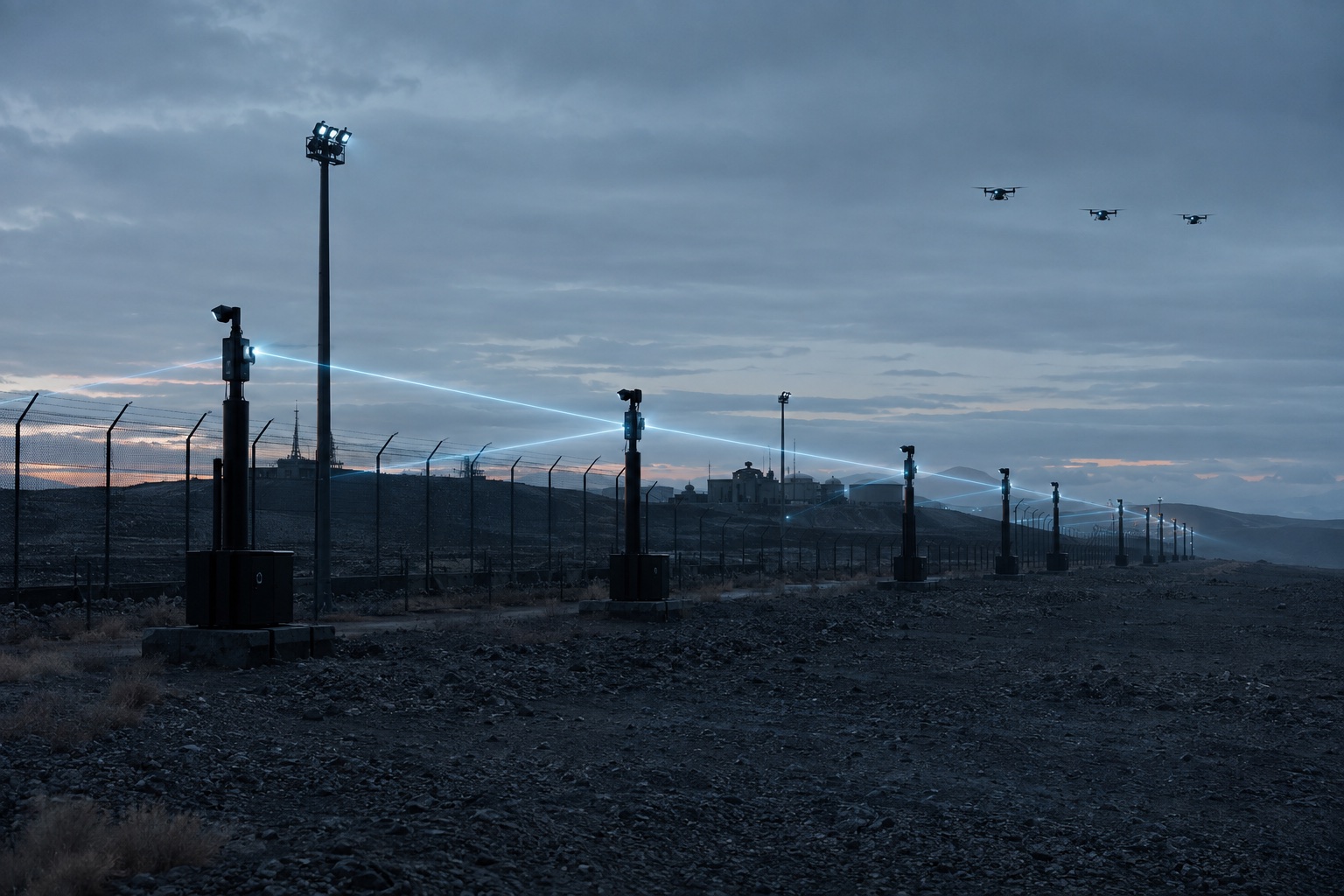 Networked sensor perimeter around a remote site at blue hour