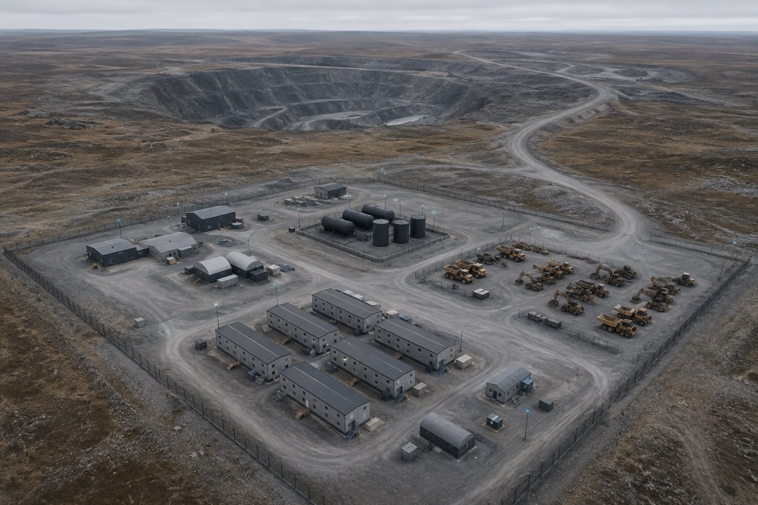 Typical protected mining camp: pit, fuel farm, equipment yard, accommodation and fence line.