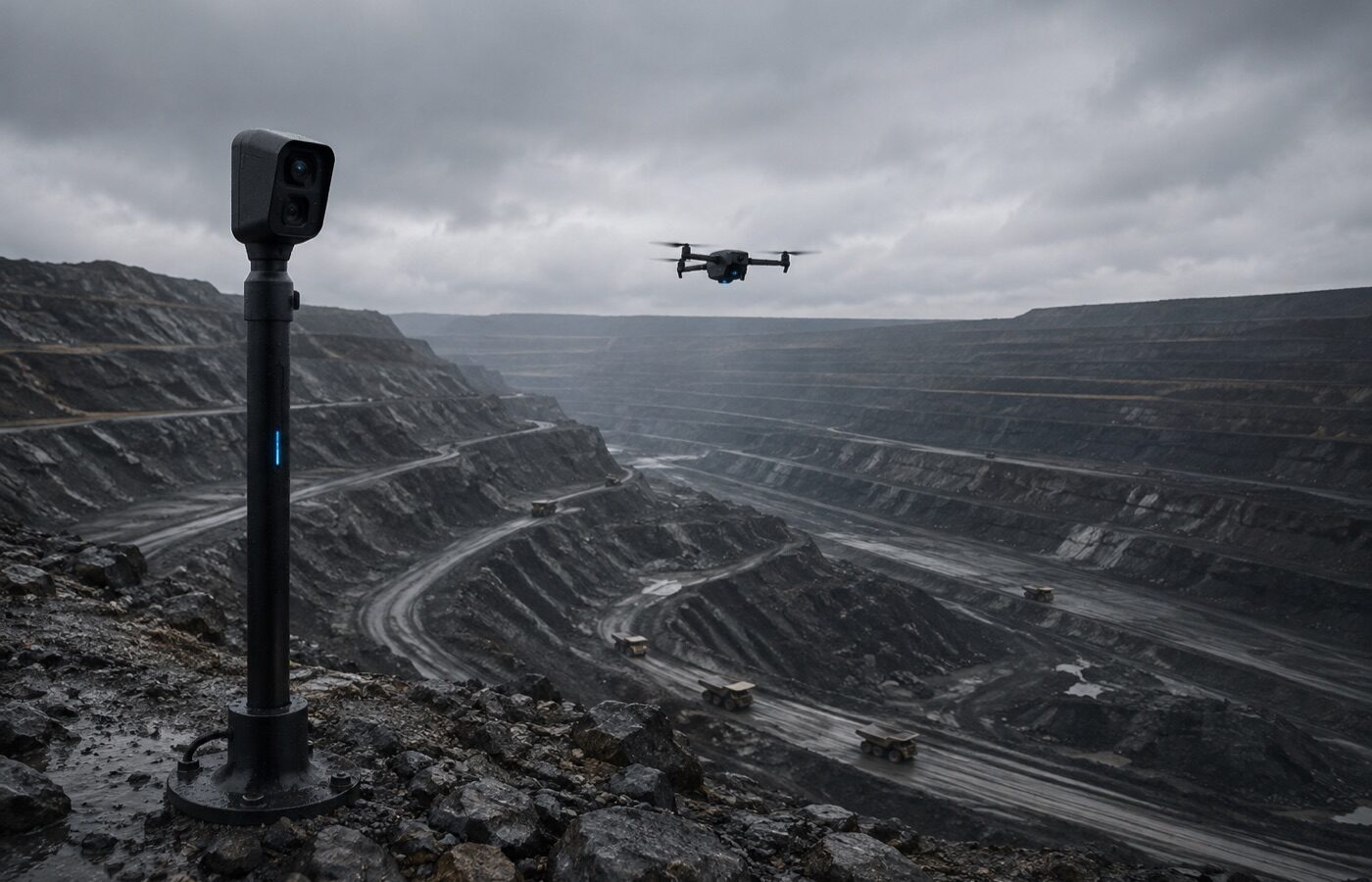 Open-pit mine overlooked by a sensor mast and patrol drone